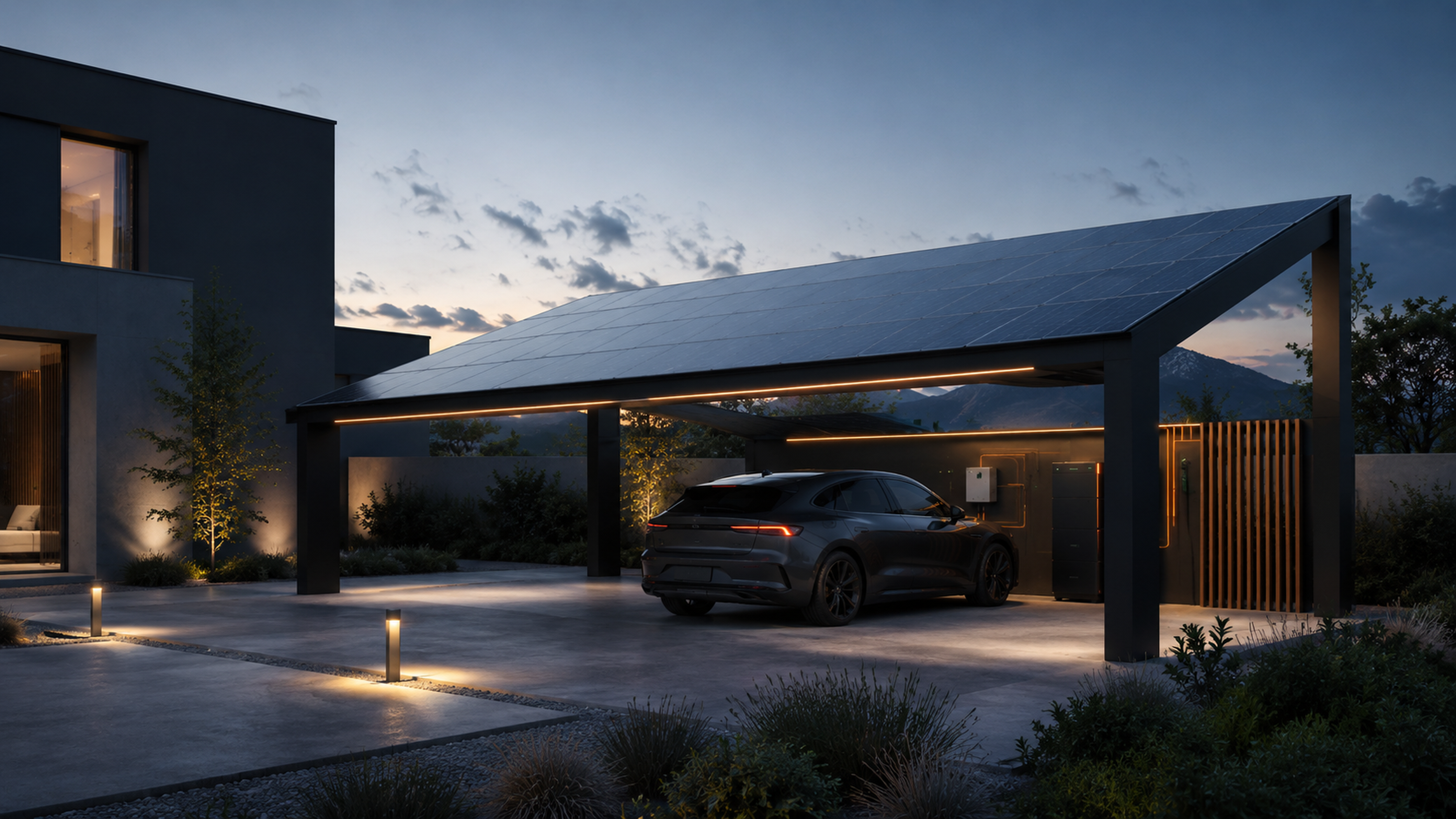 Illustration eines Solarcarports mit Photovoltaik und Ladeinfrastruktur