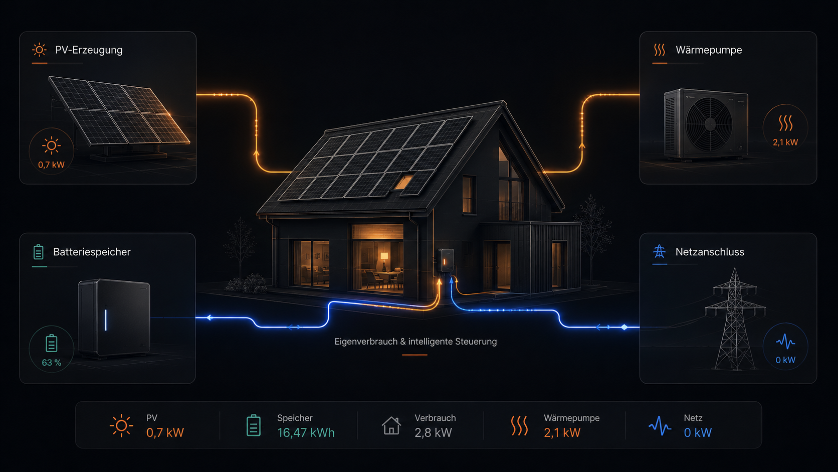 Energy-Cockpit mit PV-Erzeugung, Batteriespeicher, Wärmepumpe, Netzanschluss und Eigenverbrauch